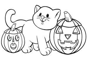 Ausmalen Halloween, Eine Katze und zwei Kürbis